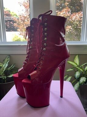 Pleaser Red Flamingo Peep Toe Boots (Size 9)